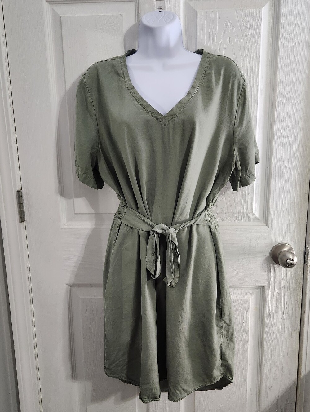 Anthropologie Cloth & Stone olive tencel wrap mini dress minimalist earthy XL